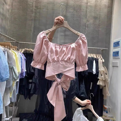 Sweet Pleated Blouses Women 2025 Blusas Mujer De Moda Puff Sleeve Square Collar Bandage Bow Crop Tops Summer White Blouse Shirts