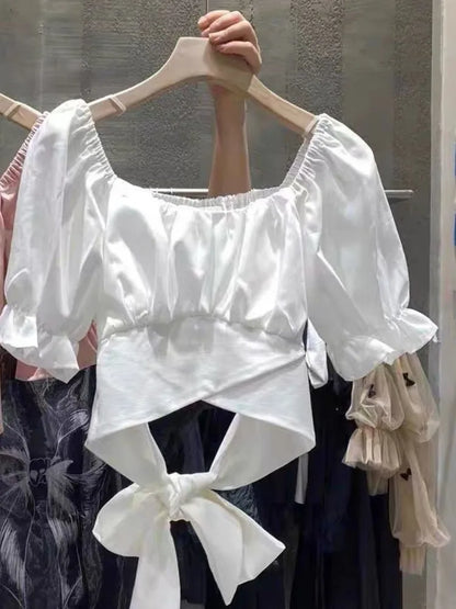 Sweet Pleated Blouses Women 2025 Blusas Mujer De Moda Puff Sleeve Square Collar Bandage Bow Crop Tops Summer White Blouse Shirts