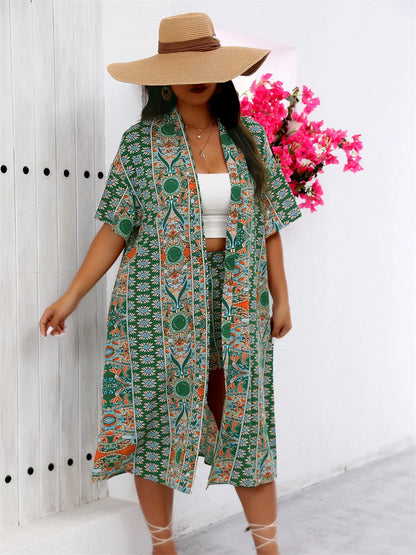 GIBSIE Plus Size Summer Two Piece Set For Women Vacation Long Kimono Cardigan with Shorts Beach Style Boho Print Outfit Sets