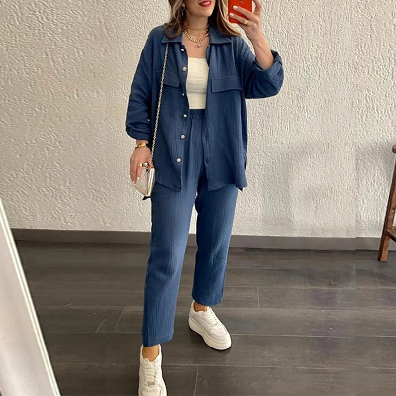 summer outfits for women 2025 New Loose Button Long Sleeve Shirt and Cropped Pants Casual Sports Summer women's suit Pants Set