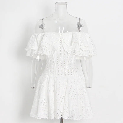 JAMERARY Women Dress Summer Runway Cut Out Double Layer Ruffles Embroidery Elastic Waist Short Party Vestidos Holiday Beach Wear