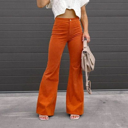 Women Pants Elegant Corduroy Autumn Winter Fashion Slim Casual Female New Solid Mid-waist Street Long Flare Clothing Lugentolo