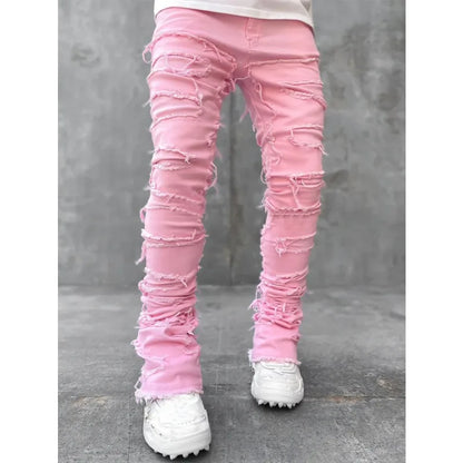2024 Spring Summer New Men's Clothing Fashion Solid Color Elastic Patch Denim Straight-Leg Pants Jeans