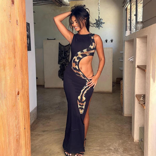 Summer New Fashionable Sleeveless Sexy Slim Fit Mid Waist Slit Long Skirt With Hollow Out Dress For Women