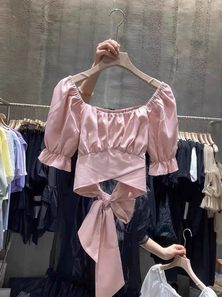 Sweet Pleated Blouses Women 2025 Blusas Mujer De Moda Puff Sleeve Square Collar Bandage Bow Crop Tops Summer White Blouse Shirts
