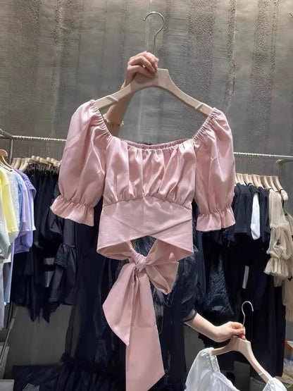 Sweet Pleated Blouses Women 2025 Blusas Mujer De Moda Puff Sleeve Square Collar Bandage Bow Crop Tops Summer White Blouse Shirts