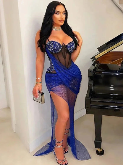 Luxury Irregular Lace Rhinestone Fish Bone Mesh Spaghetti Strips Slim Split Long Party Women Sexy Birthday Wedding Guest Dress