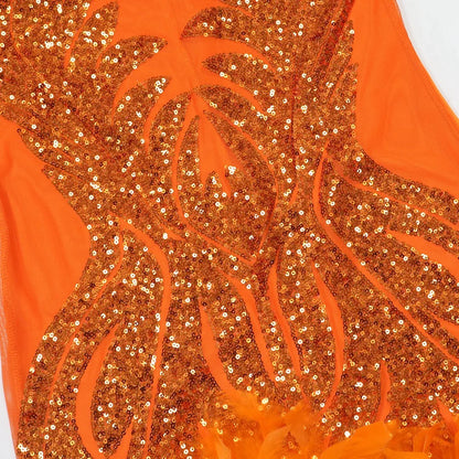 HLJ Fashion Perspective Sequin Halter Lace Up Bodycon Mini Dress Women Backless Sleeveless Feather Splicing Party Club Vestidos