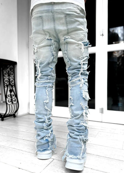 New Fashion Stretch Jeans Man Stacked Jeans Elastic Waist Straight Fit Patchworks Denim Long Pants Fringe Ripped Jeans For Men