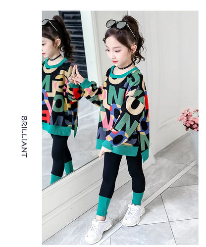 2025 girls clothes autumn winter letter sweatshirt t-shirt hooded + stretch pants leggings cotton teens child 8 9 10 11 12 year