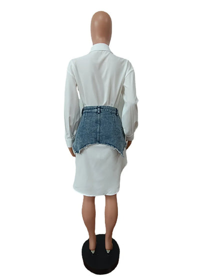 Joskaa Solid Lapel Long Sleeve Single Breasted Shirt Dress and Irregular Denim Skirt Two Piece Set Women 2023 Cute Street Outfit