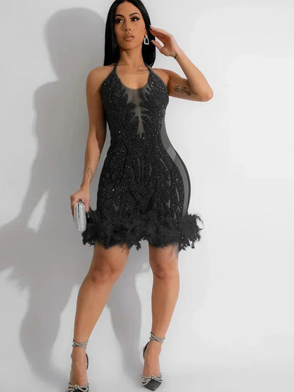 Beautiful Mesh Sequin Feather Glam Dress Luxury Woman Party Dress Glitter Sleeveless Night Out Dresses Birthday Outfits