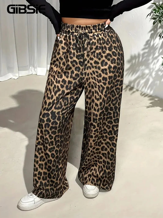 GIBSIE Plus Size Leopard Print Drawstring Wide Leg Pants Women 2025 Spring Summer High Waist Loose Casual Straight Trousers