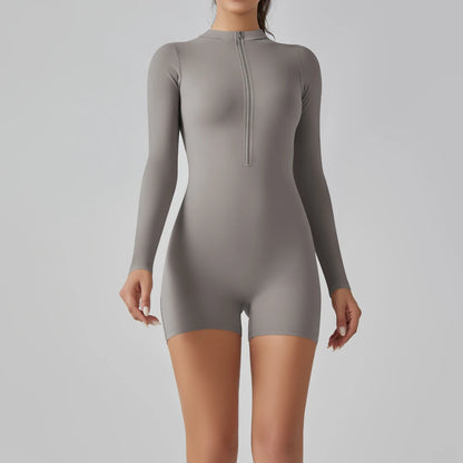 Zipper Tracksuit Set Women Yoga Jumpsuit Stand Collar Half Long Sleeved High Waist Butt Lift Fitness Sports Bodysuit Leggings