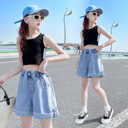 New Girls Shorts Summer Children's Denim Shorts For Kids Trousers Casual Beach Shorts Hot Pants For Teen Girl Clothes 10 12Years