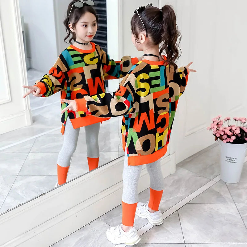 2025 girls clothes autumn winter letter sweatshirt t-shirt hooded + stretch pants leggings cotton teens child 8 9 10 11 12 year