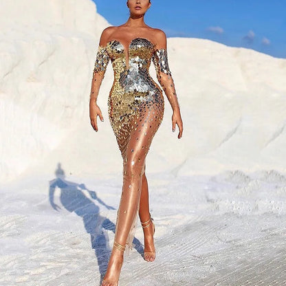 Sequin Off Shoulder Silver Dress Elegant Sexy Mesh See Through Bodycon Dress Women Luxury Summer Clothes Long Evening Club Dress