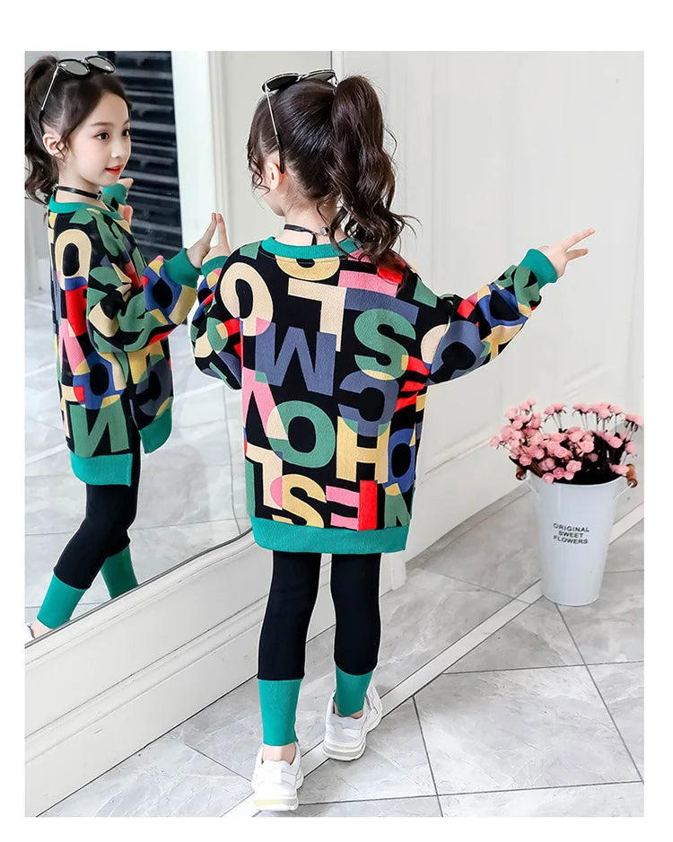 2025 girls clothes autumn winter letter sweatshirt t-shirt hooded + stretch pants leggings cotton teens child 8 9 10 11 12 year
