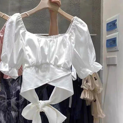 Sweet Pleated Blouses Women 2025 Blusas Mujer De Moda Puff Sleeve Square Collar Bandage Bow Crop Tops Summer White Blouse Shirts