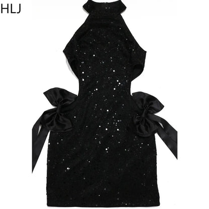 FAGADOER Bow Patchwork Bodycon Birthday Party Mini Sequined Dress Black Sexy Side Hollow Halter Tassel Night Clubwear 2024 New