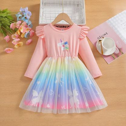 2025 New Princess Dress Unicorn Girls Dress Spring Kids Clothes Birthday Party Dress Long-sleeved for Children Rainbow 2-8Y