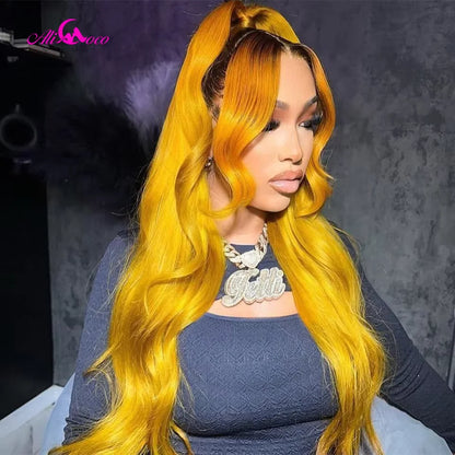 Yellow With Black Root Body Wave Human Hair Wig Pre-Plucked 13x4 13x6 Lace Frontal Human Hair Wig For Black Woman 180 Density