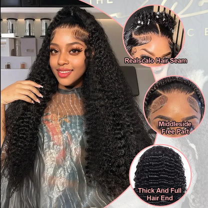 Curly 360 Lace Front Human Hair Wigs 250 Density Brazilian Deep Wave 40 Inch 13x6 HD Lace Frontal Wig 100% Human Hair Preplucked