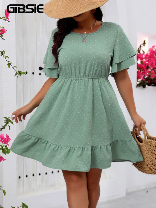 GIBSIE Plus Size Swiss Dot Butterfly Sleeve Dress Women Summer 2025 New Round Neck Elastic Boho A-line Ruffle Hem Short Dresses