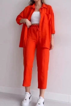 summer outfits for women 2025 New Loose Button Long Sleeve Shirt and Cropped Pants Casual Sports Summer women's suit Pants Set