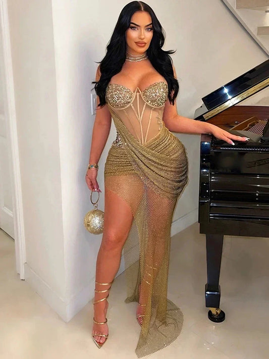 Luxury Irregular Lace Rhinestone Fish Bone Mesh Spaghetti Strips Slim Split Long Party Women Sexy Birthday Wedding Guest Dress