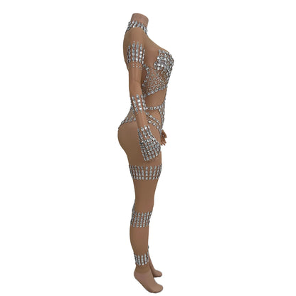 Fashion Sparkly Diamonds Skinny Jumpsuit Women Nightclub Prom Party Outfit Singer Dancer Performance Costume Stage Wear Dunpai