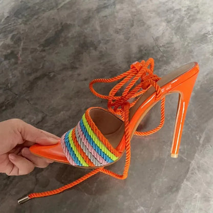 New Multi-color Rope Woven Cross Strap Women High-heeled Sandals