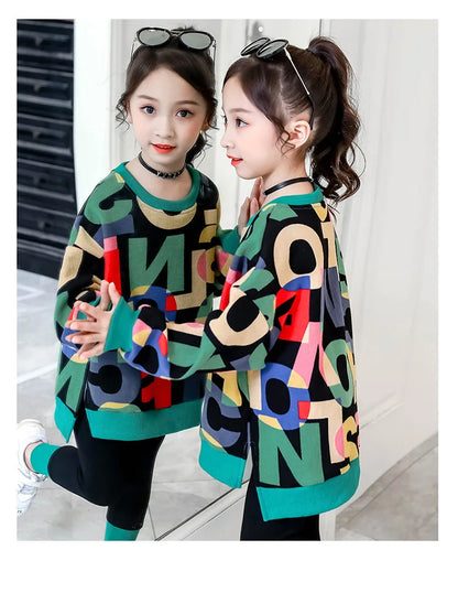 2025 girls clothes autumn winter letter sweatshirt t-shirt hooded + stretch pants leggings cotton teens child 8 9 10 11 12 year