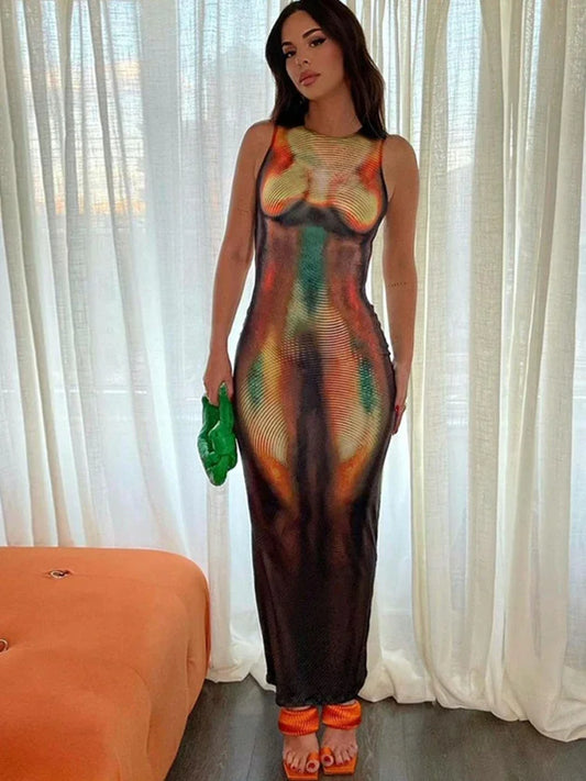 Summer 2024 Y2K Print Sexy Evening Party Club Birthday Maxi Dress for Women Bodycon Sleeveless Long Dresses Outfits Streetwear