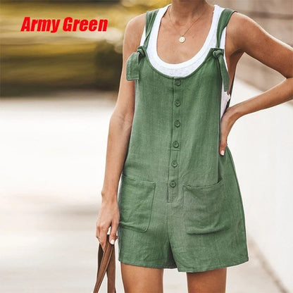 Summer women's solid color patch pocket tied cotton and linen suspender pants