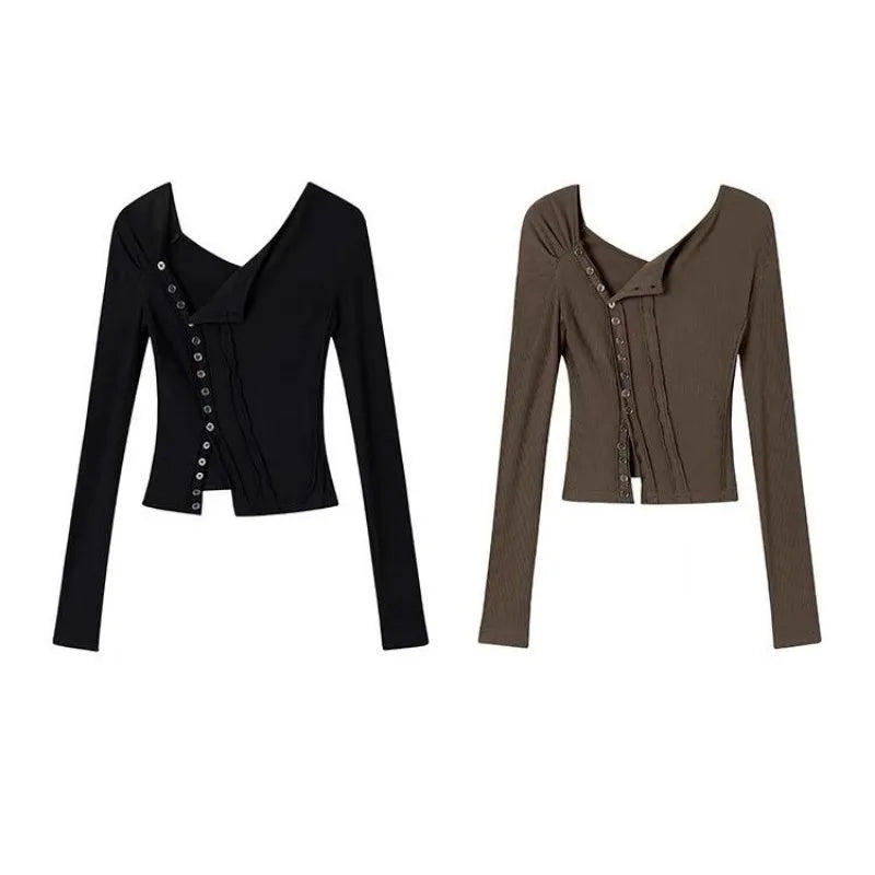 Black Tshirts Women Clothes Long Sleeve Slash Neck Tunic Tees 2025 Ropa Mujer Single Breasted Sexy Korean Y2k T Shirt Ropa Mujer