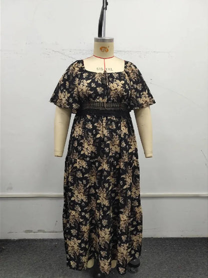 GIBSIE Plus Size Square Neck Floral Print Maxi Dress Women Summer 2025 Knot Front Hollow Out Boho Vacation Big Swing Dresses