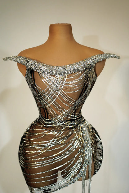 Sexy Sleeveless Slip Dress Performance Wear Shiny Sequins Women Rhinestone Tassel Mini Dresses Birthday Party Gowns Stage Wear