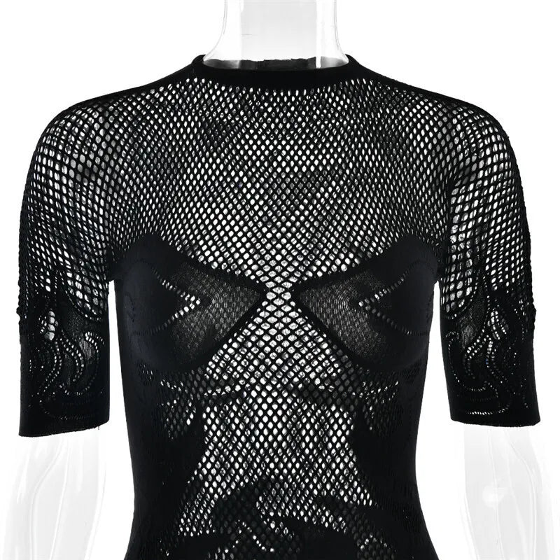 Sifreyr High Stretch Sheer Mini Dress Women Basics Solid Color O Neck Short Sleeve Slim Bodycon Party Sexy Dresses Fashion