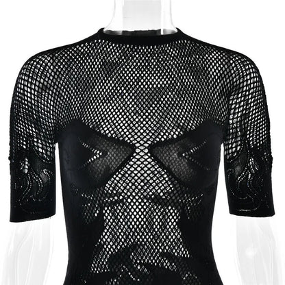 Sifreyr High Stretch Sheer Mini Dress Women Basics Solid Color O Neck Short Sleeve Slim Bodycon Party Sexy Dresses Fashion