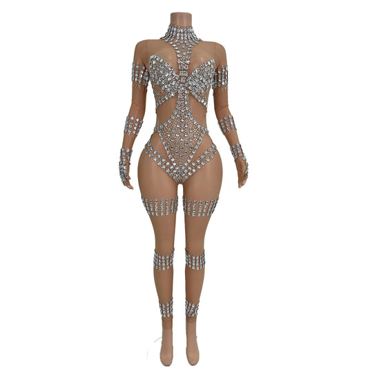 Fashion Sparkly Diamonds Skinny Jumpsuit Women Nightclub Prom Party Outfit Singer Dancer Performance Costume Stage Wear Dunpai