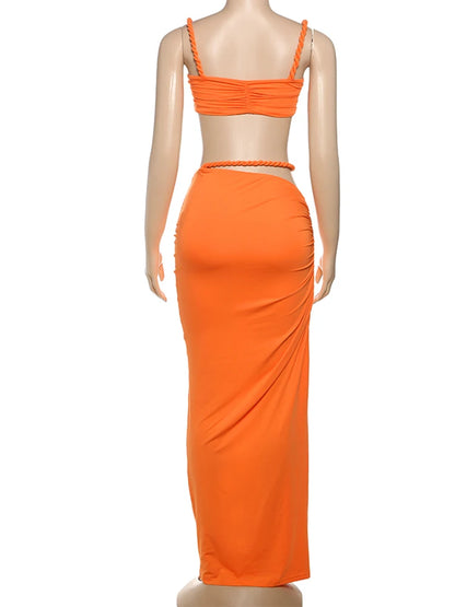 Nibber Sexy Women 2 Piece Set Bandage Ruched Square Collar Bra+Skinny Long Skirts 2025 Summer Vacation Beach Party Trend Suits