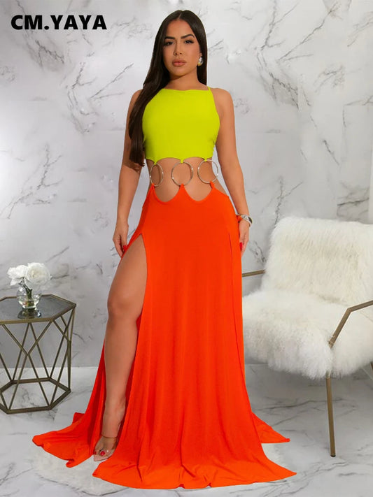 CM.YAYA Women Strap Backless Big Swing Split Maxi Long Dress 2025 Hollow Out Birthday Sexy Club Party Evening Dresses Vestidos
