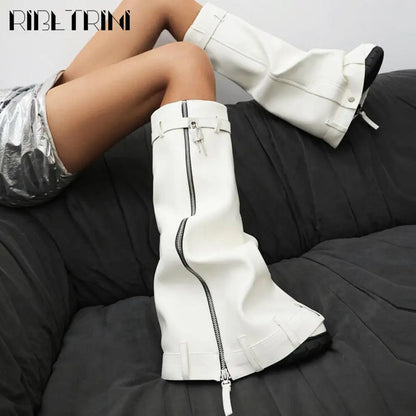 Platform Women Fold Over Mid Calf Padlock Metal Platform Shoes