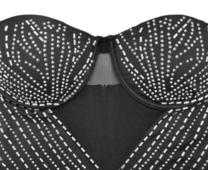 Solid Color Mesh Rhinestone Long Sleeve Backless Night Club Dress