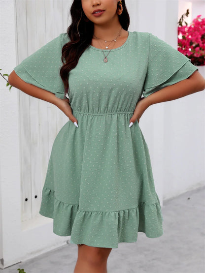 GIBSIE Plus Size Swiss Dot Butterfly Sleeve Dress Women Summer 2025 New Round Neck Elastic Boho A-line Ruffle Hem Short Dresses