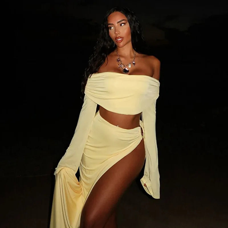 Women's Solid Beach Skirt Sets Sexy High Split Slim Bohemian Outfits Off The Shoulder Holiday Fashion 2 Piece Set 2025 Beachwear