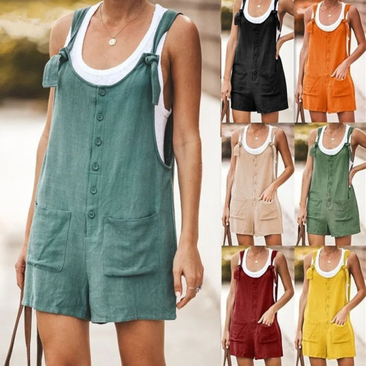 Summer women's solid color patch pocket tied cotton and linen suspender pants