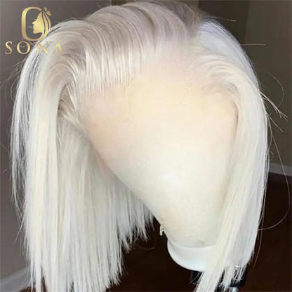 13x6 Colored Dark Root White Platinum Ash Blonde Straight Bob Lace Frontal Wig Human Hair Pre Plucked Brazilian Remy Front Wig