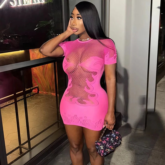 Sifreyr High Stretch Sheer Mini Dress Women Basics Solid Color O Neck Short Sleeve Slim Bodycon Party Sexy Dresses Fashion